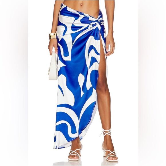 NWT SNDYS Kai Skirt Blue Swirl print sarong style high slit resort Revolve M - Picture 1 of 12